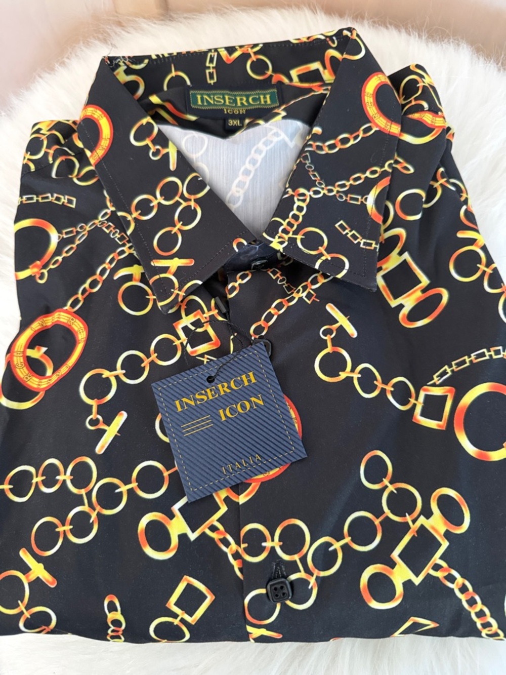 Inserch Black Button-Down Men’s 3XL Shirt with Gold Chain Print